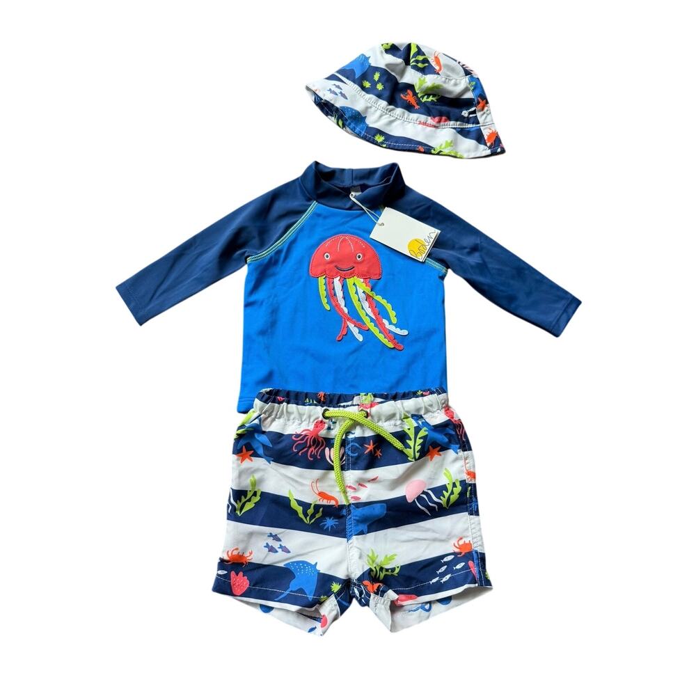 Baby Boden jellyfish rashguard swim trunk hat set NEW 3-6m